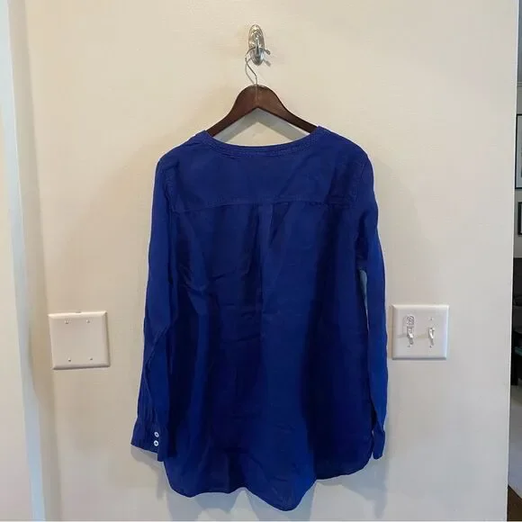 Talbots side button linen band collar popover large 100% linen tunic blouse top - Picture 6 of 14